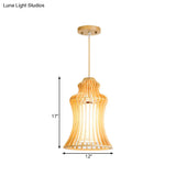 Cage Restaurant Hanging Light: Curvaceous Wooden Japanese Pendant With Inner Fabric Shade