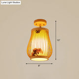 Cage Style Asian Bamboo Ceiling Light - Wood Semi Flush Single-Bulb Aisle Mounted