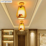 Cage Style Asian Bamboo Ceiling Light - Wood Semi Flush Single-Bulb Aisle Mounted