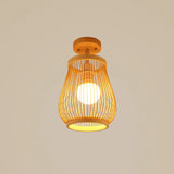 Cage Style Asian Bamboo Ceiling Light - Wood Semi Flush Single-Bulb Aisle Mounted / Lantern