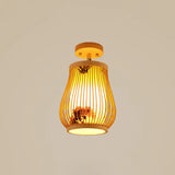 Cage Style Asian Bamboo Ceiling Light - Wood Semi Flush Single-Bulb Aisle Mounted / Plant