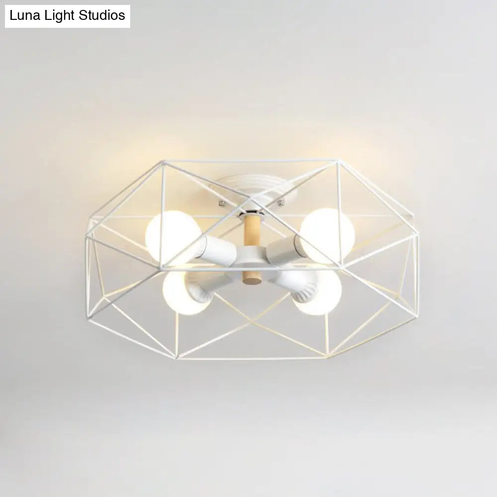 Caged Opal Glass Semi Mount Industrial Ceiling Light In Black/White - 3/4/5 Bulb Living Room