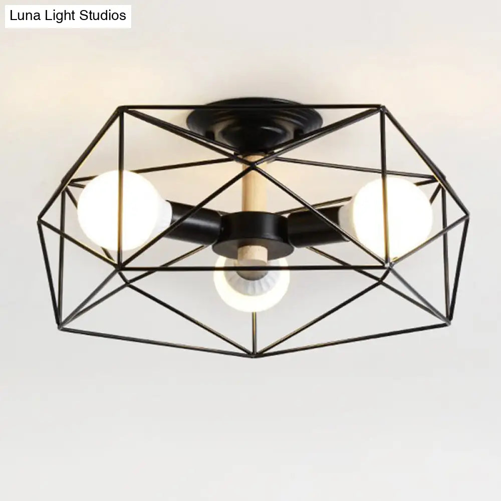 Caged Opal Glass Semi Mount Industrial Ceiling Light In Black/White - 3/4/5 Bulb Living Room