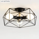 Caged Opal Glass Semi Mount Industrial Ceiling Light In Black/White - 3/4/5 Bulb Living Room