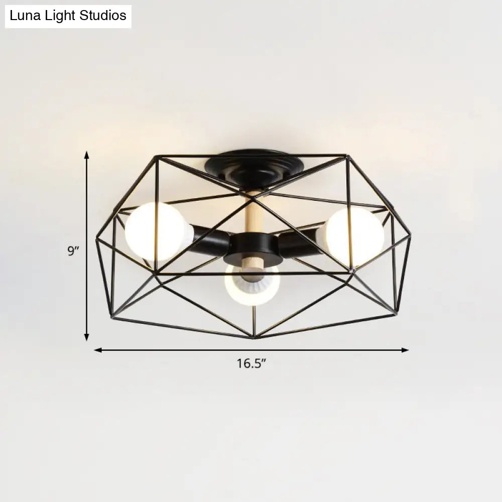 Caged Opal Glass Semi Mount Industrial Ceiling Light In Black/White - 3/4/5 Bulb Living Room