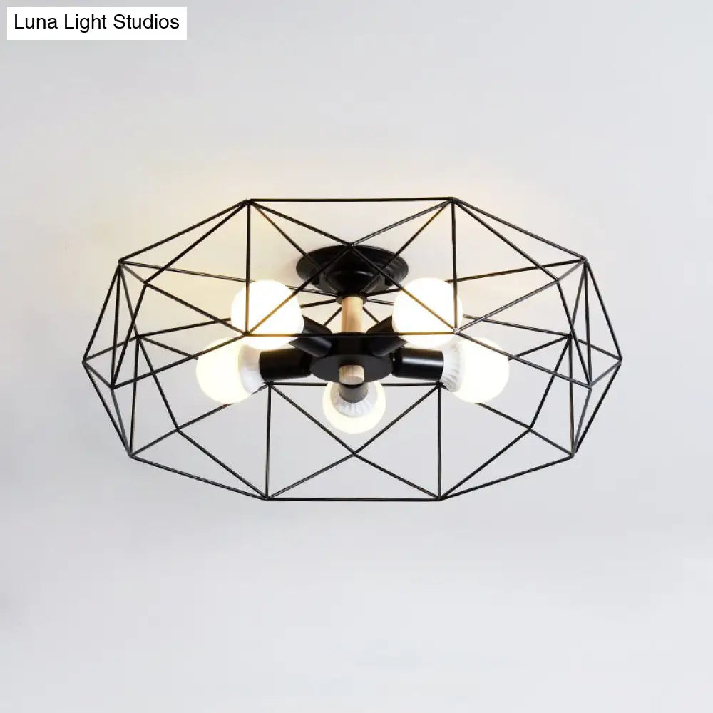 Caged Opal Glass Semi Mount Industrial Ceiling Light In Black/White - 3/4/5 Bulb Living Room