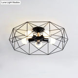 Caged Opal Glass Semi Mount Industrial Ceiling Light In Black/White - 3/4/5 Bulb Living Room