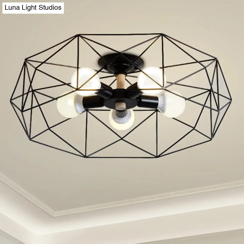 Caged Opal Glass Semi Mount Industrial Ceiling Light In Black/White - 3/4/5 Bulb Living Room
