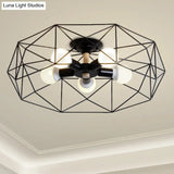 Caged Opal Glass Semi Mount Industrial Ceiling Light In Black/White - 3/4/5 Bulb Living Room
