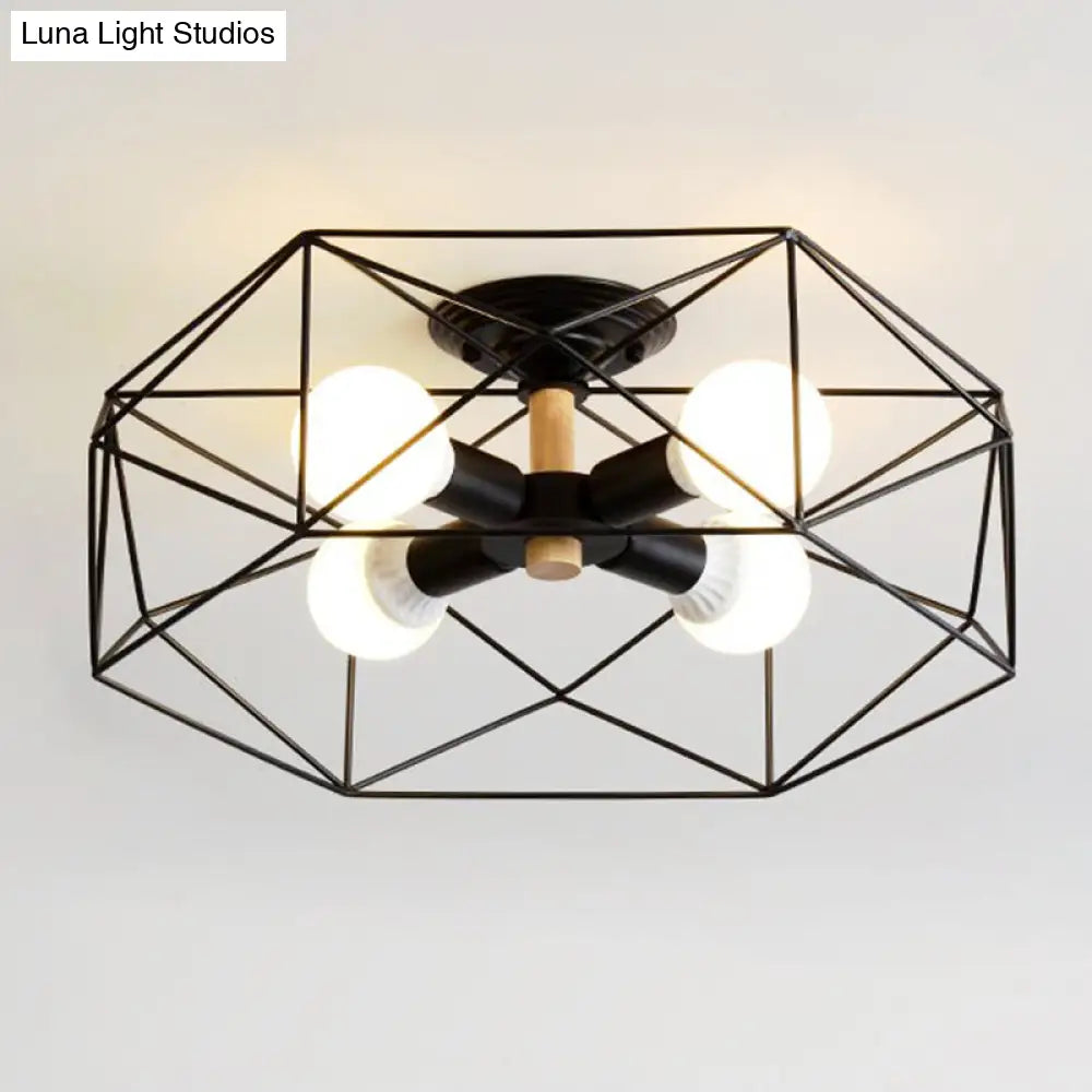 Caged Opal Glass Semi Mount Industrial Ceiling Light In Black/White - 3/4/5 Bulb Living Room