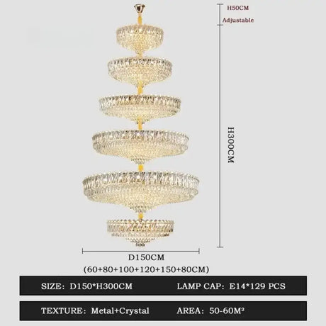 Camille French Luxury Long Crystal Chandelier Gold LED Grand Lobby Light 6 levels-D150xH300CM / neutral light 4000k