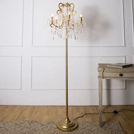 Candle Metallic Stand Up Lamp Traditional 5 Heads Living Room Floor Lighting With Crystal Draping