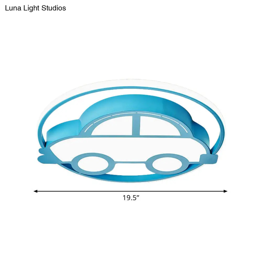 Car Shape Led Cartoon Flush Mount Lamp In Blue With White/Warm Light - Ideal For Bedrooms