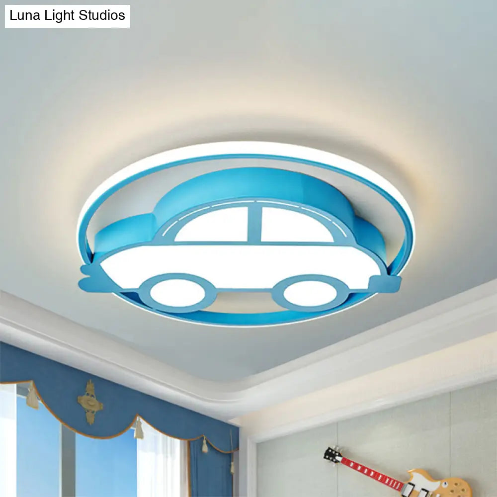 Car Shape Led Cartoon Flush Mount Lamp In Blue With White/Warm Light - Ideal For Bedrooms