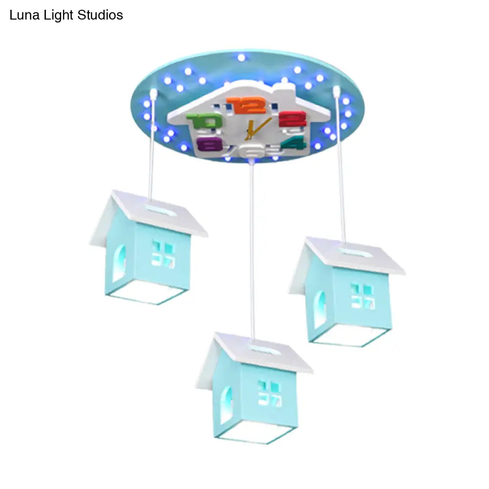 Cartoon 3-Bulb Wood Draping House Ceiling Light Fixture In Pink/Blue