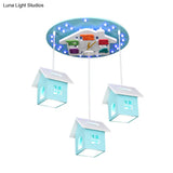 Cartoon 3-Bulb Wood Draping House Ceiling Light Fixture In Pink/Blue