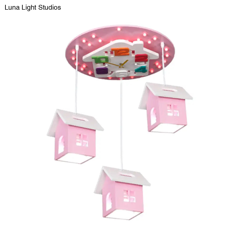 Cartoon 3-Bulb Wood Draping House Ceiling Light Fixture In Pink/Blue