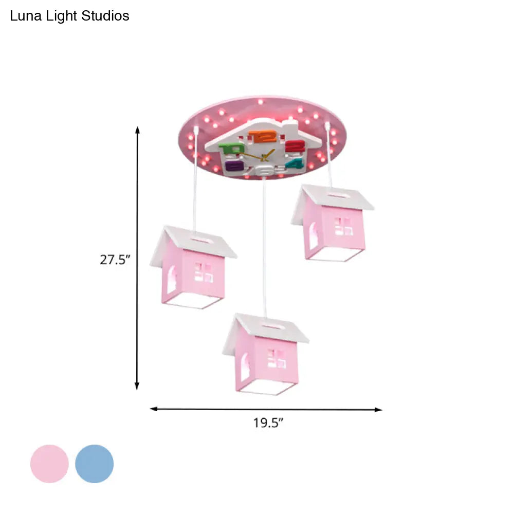 Cartoon 3-Bulb Wood Draping House Ceiling Light Fixture In Pink/Blue