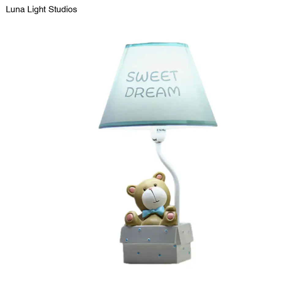 Cartoon Bear Desk Light: Resin Nightstand Lamp With Pink/Blue Cone Fabric Shade