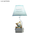 Cartoon Bear Desk Light: Resin Nightstand Lamp With Pink/Blue Cone Fabric Shade
