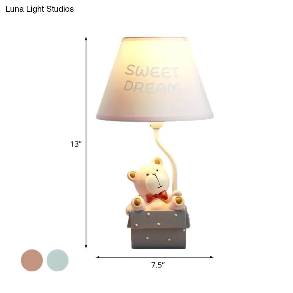 Cartoon Bear Desk Light: Resin Nightstand Lamp With Pink/Blue Cone Fabric Shade