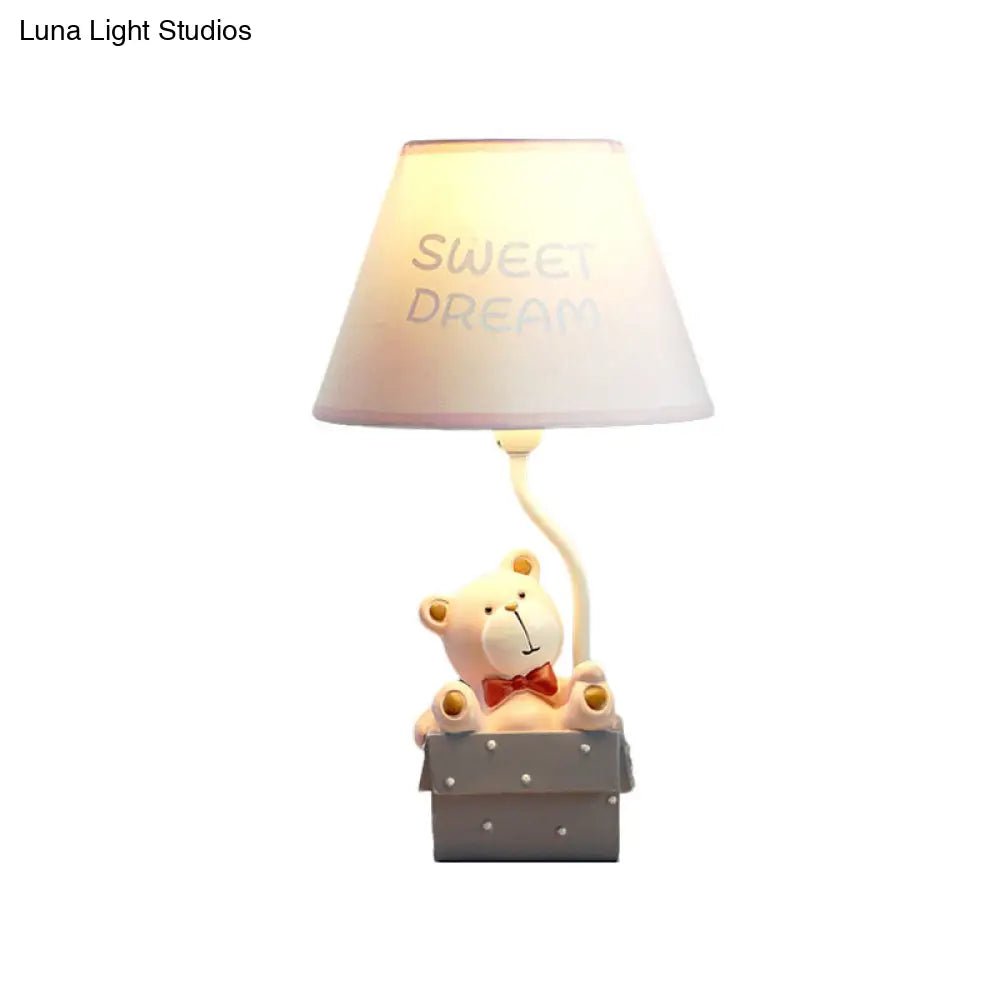 Cartoon Bear Desk Light: Resin Nightstand Lamp With Pink/Blue Cone Fabric Shade