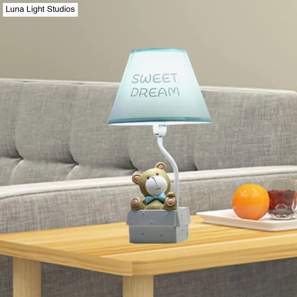 Cartoon Bear Desk Light: Resin Nightstand Lamp With Pink/Blue Cone Fabric Shade