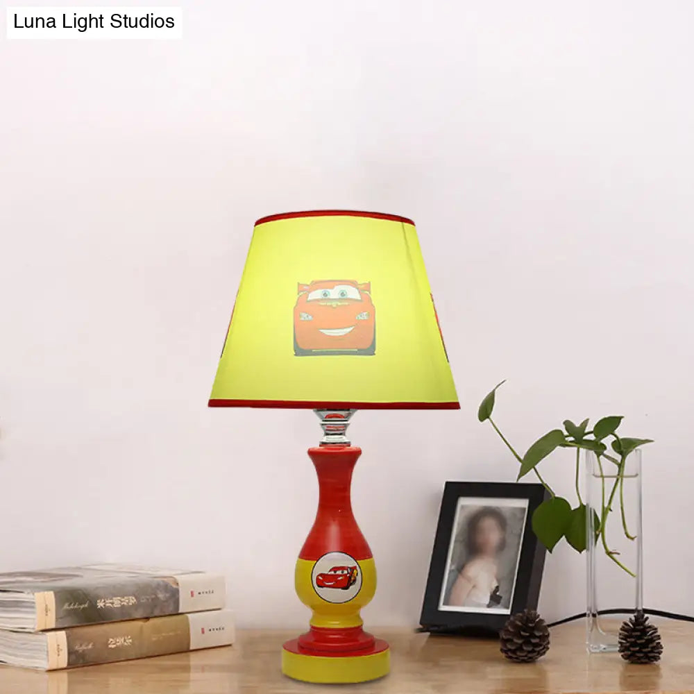 Cartoon Cone Nightstand Lamp Fabric Boys Bedroom Night Light With Star/Car Pattern In Blue/Yellow