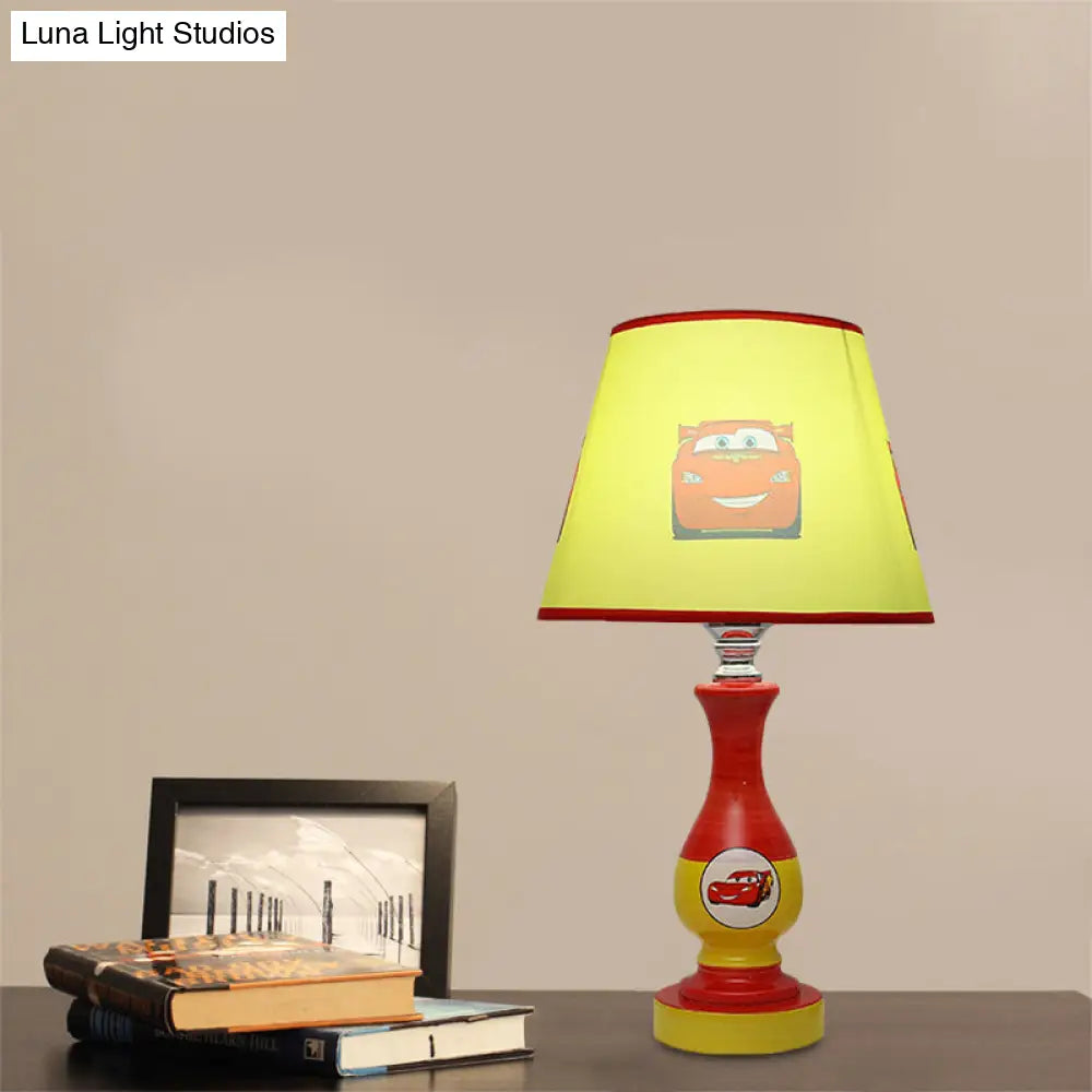 Cartoon Cone Nightstand Lamp Fabric Boys Bedroom Night Light With Star/Car Pattern In Blue/Yellow