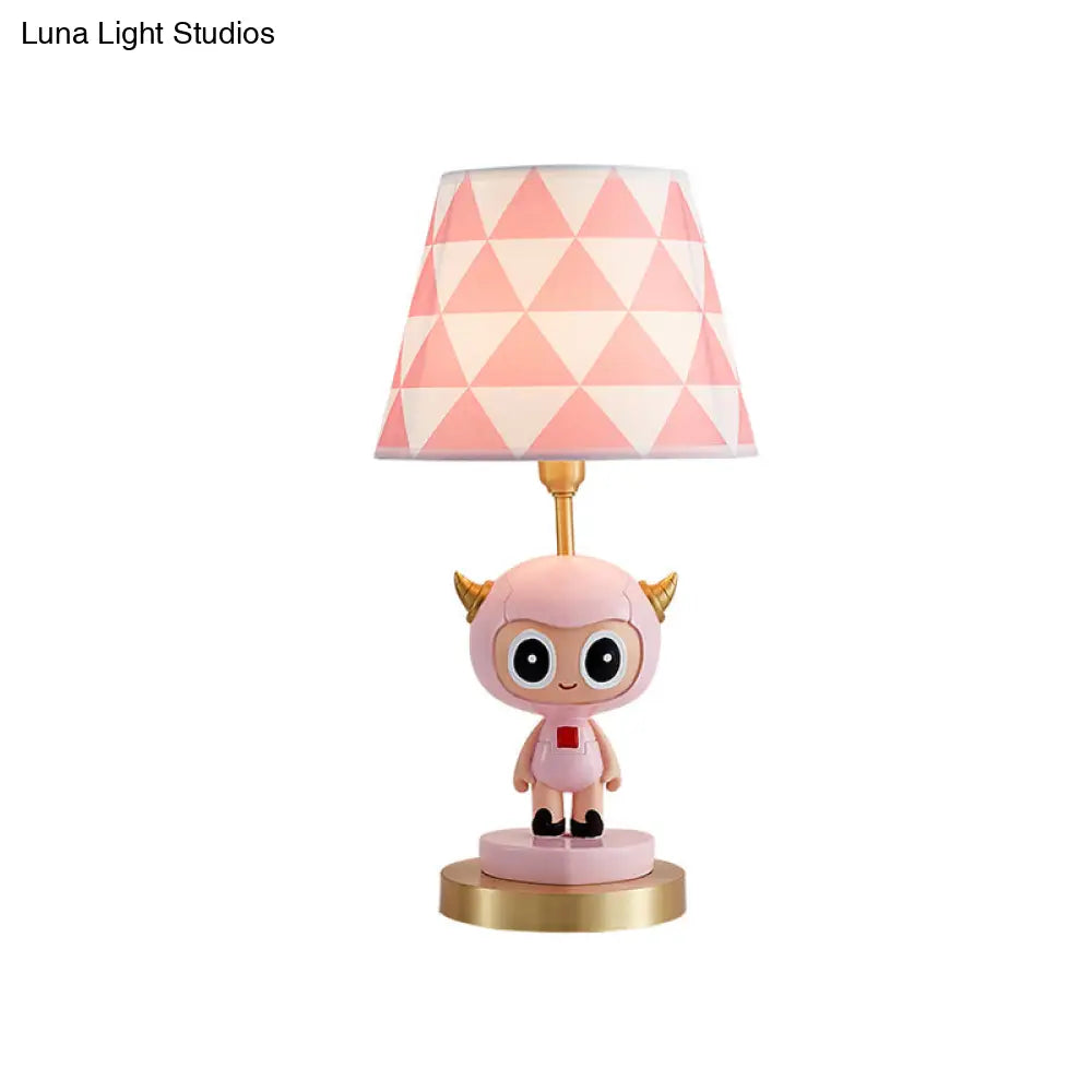Cartoon Cow Boy Night Lamp With Triangle Print Shade In Pink/Blue - Resin Table Lighting