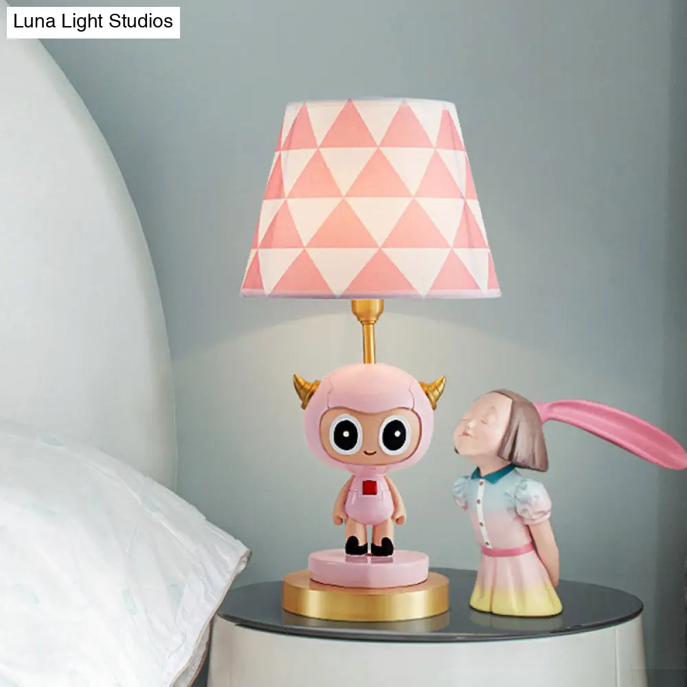 Cartoon Cow Boy Night Lamp With Triangle Print Shade In Pink/Blue - Resin Table Lighting