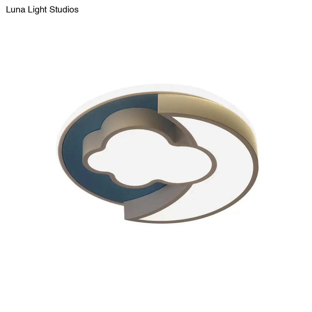Cartoon Crescent And Cloud Led Flush Mount Light For Child’s Bedroom In Blue/Wood