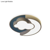 Cartoon Crescent And Cloud Led Flush Mount Light For Child’s Bedroom In Blue/Wood