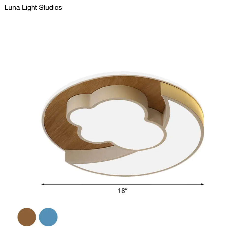 Cartoon Crescent And Cloud Led Flush Mount Light For Child’s Bedroom In Blue/Wood