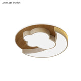 Cartoon Crescent And Cloud Led Flush Mount Light For Child’s Bedroom In Blue/Wood