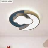Cartoon Crescent And Cloud Led Flush Mount Light For Child’s Bedroom In Blue/Wood