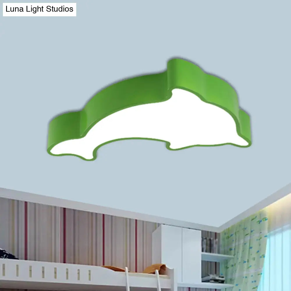 Cartoon Dolphin Led Flushmount Light For Children’s Room - Acrylic Ceiling Mounted Green/Blue/Red