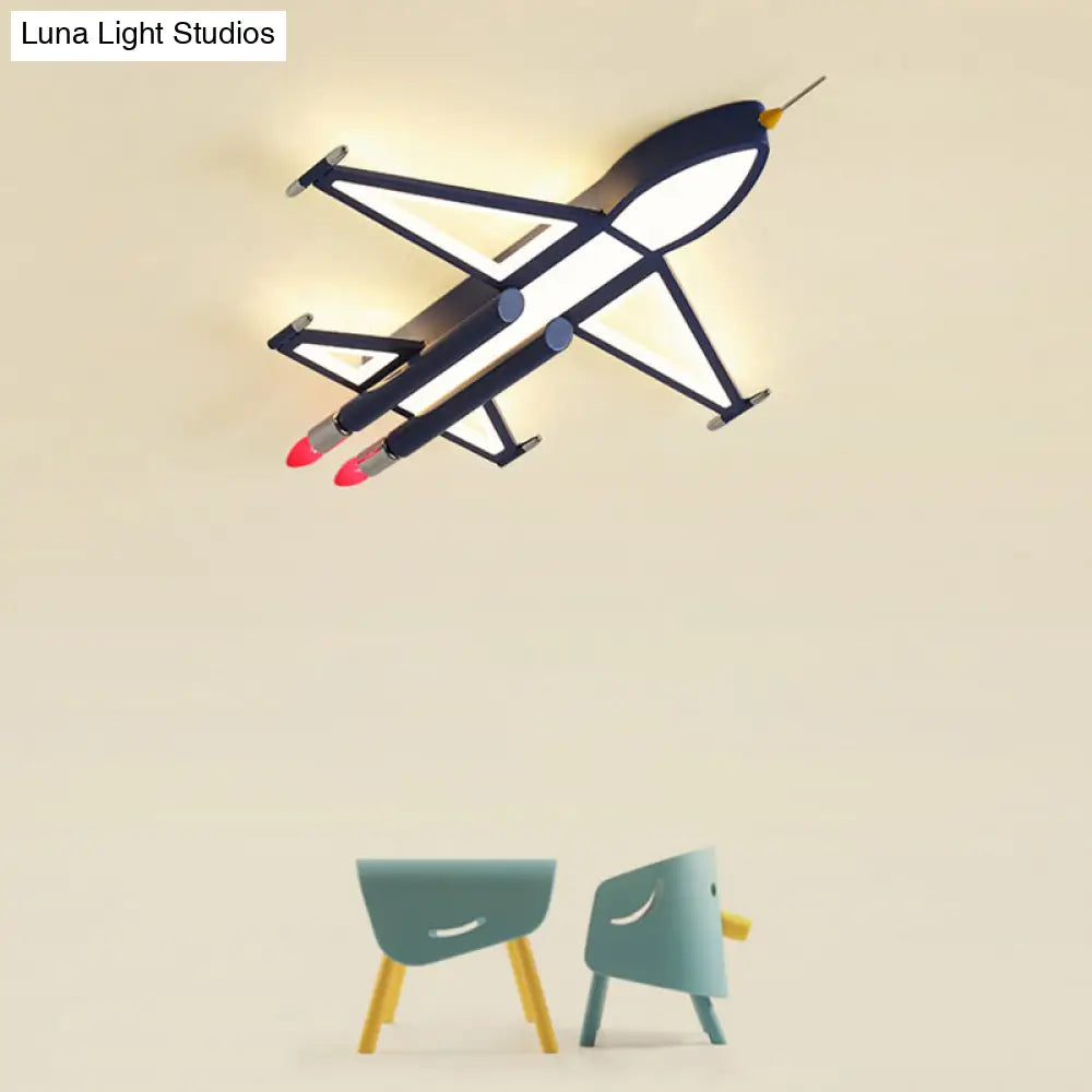 Cartoon Jet Plane Led Flush - Mount Light Fixture For Child Bedroom Ceiling - Blue