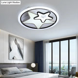 Cartoon Led Kids Ceiling Lamp In Black Metal Round Flush Mount Fixture