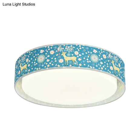Cartoon Led Metal Flush Mount Light With Animal Pattern For Bedroom - Beige/Blue Drum Lighting
