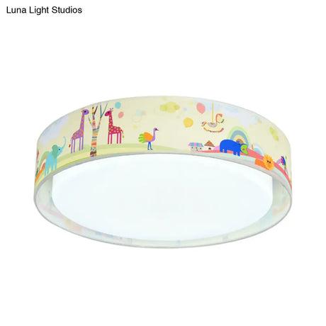 Cartoon Led Metal Flush Mount Light With Animal Pattern For Bedroom - Beige/Blue Drum Lighting
