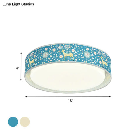 Cartoon Led Metal Flush Mount Light With Animal Pattern For Bedroom - Beige/Blue Drum Lighting