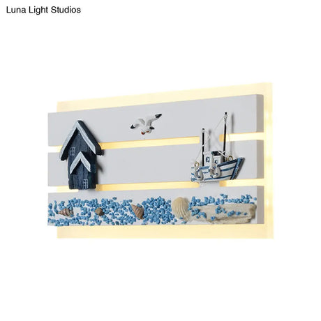 Cartoon Led Wall Sconce With Wood Seagull And Sailboat Design - Acrylic Oblong Flush Mount Lighting