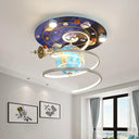 Cartoon Led Wood Flush Light Fixture - Blue Globe Ceiling Mount For Kids Bedroom