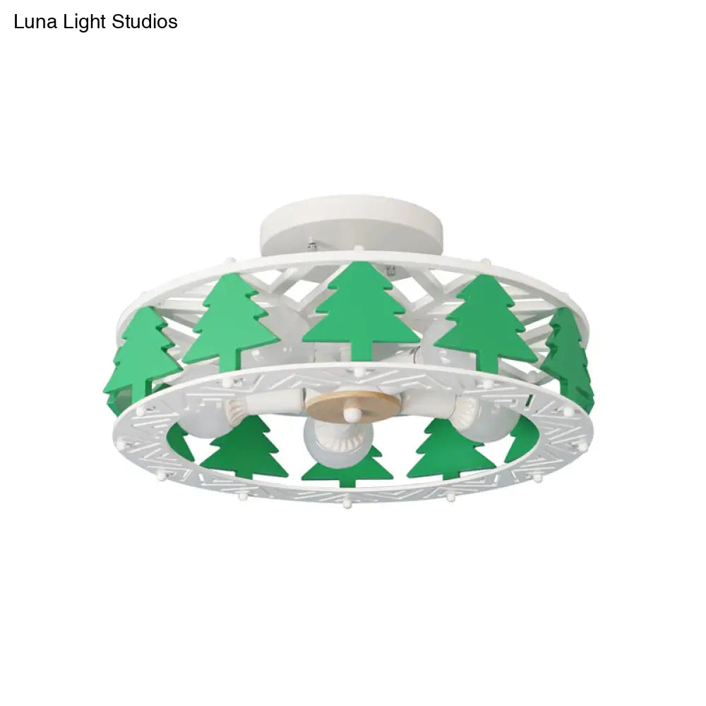 Cartoon Metal Ceiling Lamp - Green Pine Tree Semi Mount Light (5 Heads) Ideal For Hotels