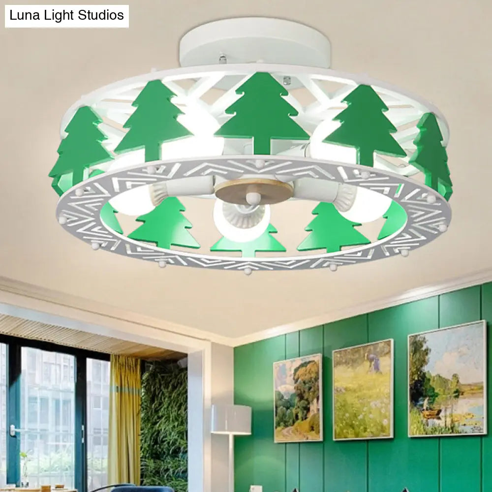 Cartoon Metal Ceiling Lamp - Green Pine Tree Semi Mount Light (5 Heads) Ideal For Hotels