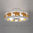Cartoon Metal Drum Shaped 6 - Light Kids Room Ceiling Lamp In White / Bear