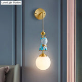 Cartoon Opal Glass Wall Light Fixture: Gold Lamp With Blue Deer Decor