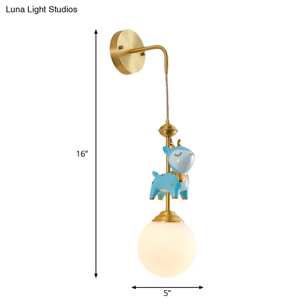 Cartoon Opal Glass Wall Light Fixture: Gold Lamp With Blue Deer Decor