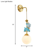Cartoon Opal Glass Wall Light Fixture: Gold Lamp With Blue Deer Decor